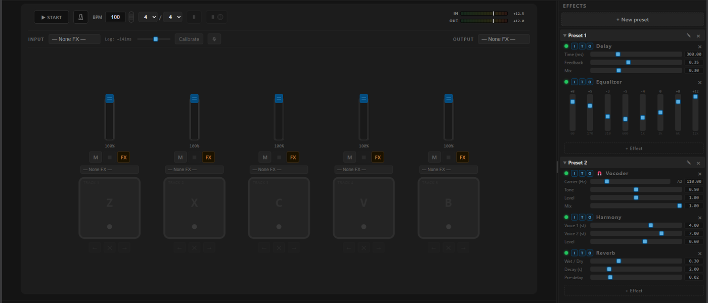 The Hyper Looper workspace: transport, five tracks and the effects rack